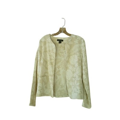 Tahari Women's Blazer Open Front Pockets Linen Blend Leaf Print Beige Small