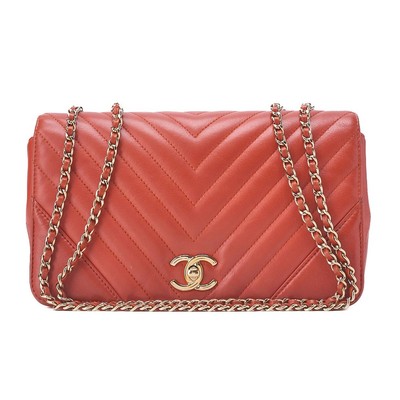 CHANEL Chain Shoulder Bag Calfskin V Stitch Pink Orange Turn Lock Full Flap (Gol