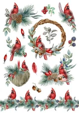 Red Cardinal Decoupage Rice Paper, Christmas, Holiday, Birds, Evergreen, A4