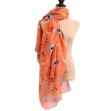 Printed Village Orange Floral Scarf Wrap Shawl Boho Sheer Lightweight 74x38