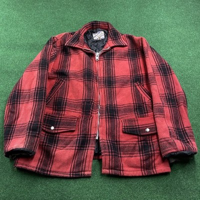Vintage Heavy Wool Jacket Mens L Red Plaid 50S 60S Insulated Quilted Zip Coat