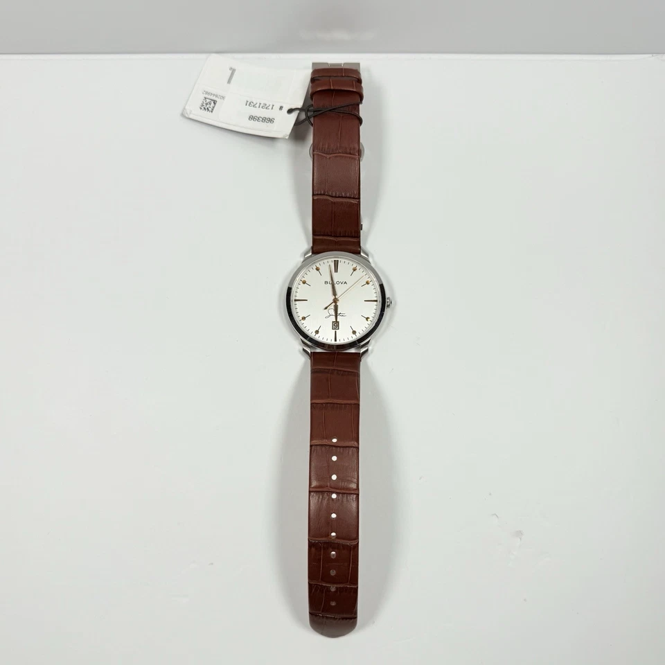 Bulova Frank Sinatra 96B398 Classic Silver Tone Brown Leather Band Men’s Watch - Image 4 of 4