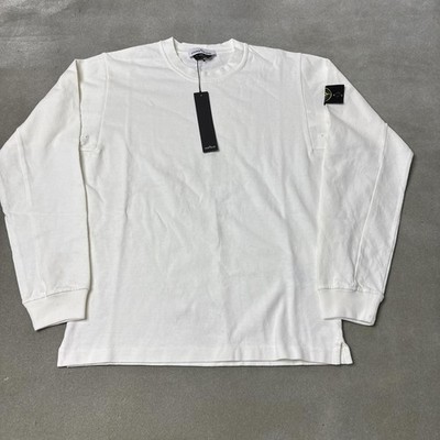 Stone Island Shirt Mens Medium White Long Sleeve Badge Logo Patch Cotton  Crew