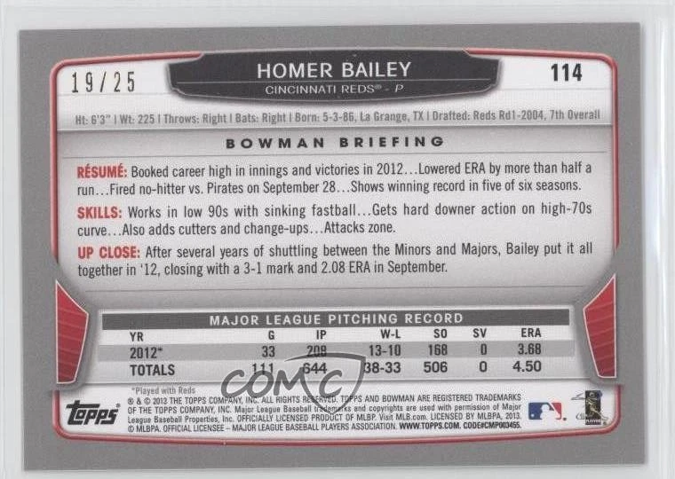 2013 Bowman Red Ice /25 Homer Bailey #114 - Image 2 of 2