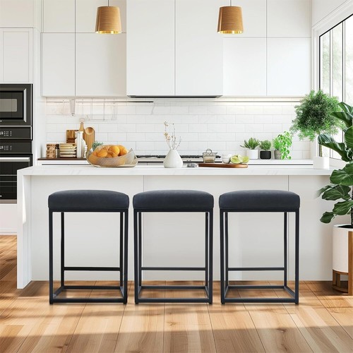 Counter Height Bar Stools 24" Kitchen Backless Modern Square Leather Barstools - Picture 3 of 8