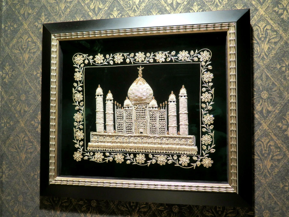 Textil ARTE Arquitectónico Taj Mahal Bordado Metálico Dorado Zardozi Sombra Marco Foto 3 de 4