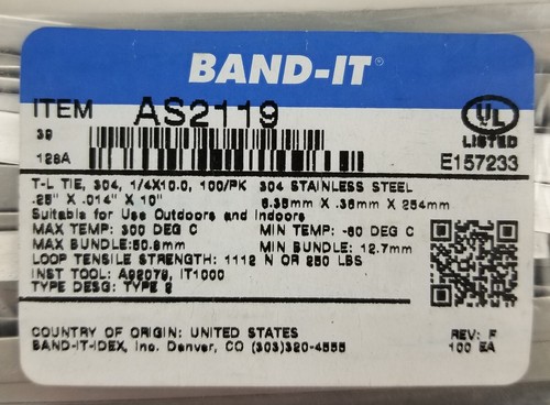 100 Band-It AS2119 Tielok Ties 304 Stainless Steel 10"x1/4"x.015" 250lb 300C NEW - Picture 2 of 4