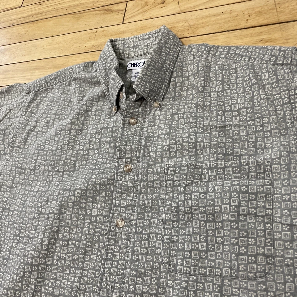 Camisa De Colección CHEROKEE Abotonada Hombres M Gris Occidental Geométrica Floral Retro Abuelo Foto 3 de 4
