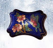 VINTAGE CLOISONNE BUTTERFLY FLORAL BELT BUCKLE 1 3/8" Wide Small Blue Coral