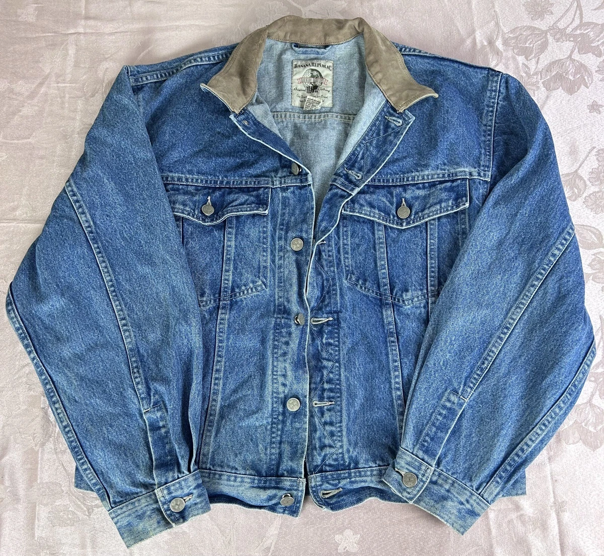 VTG Banana Republic Travel Safari Denim Jean Jacket Leather