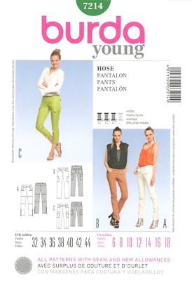 Burda 7214 Skinny Cargo Pants or Ankle Length Trousers Sz 6-18 UNCUT Pattern