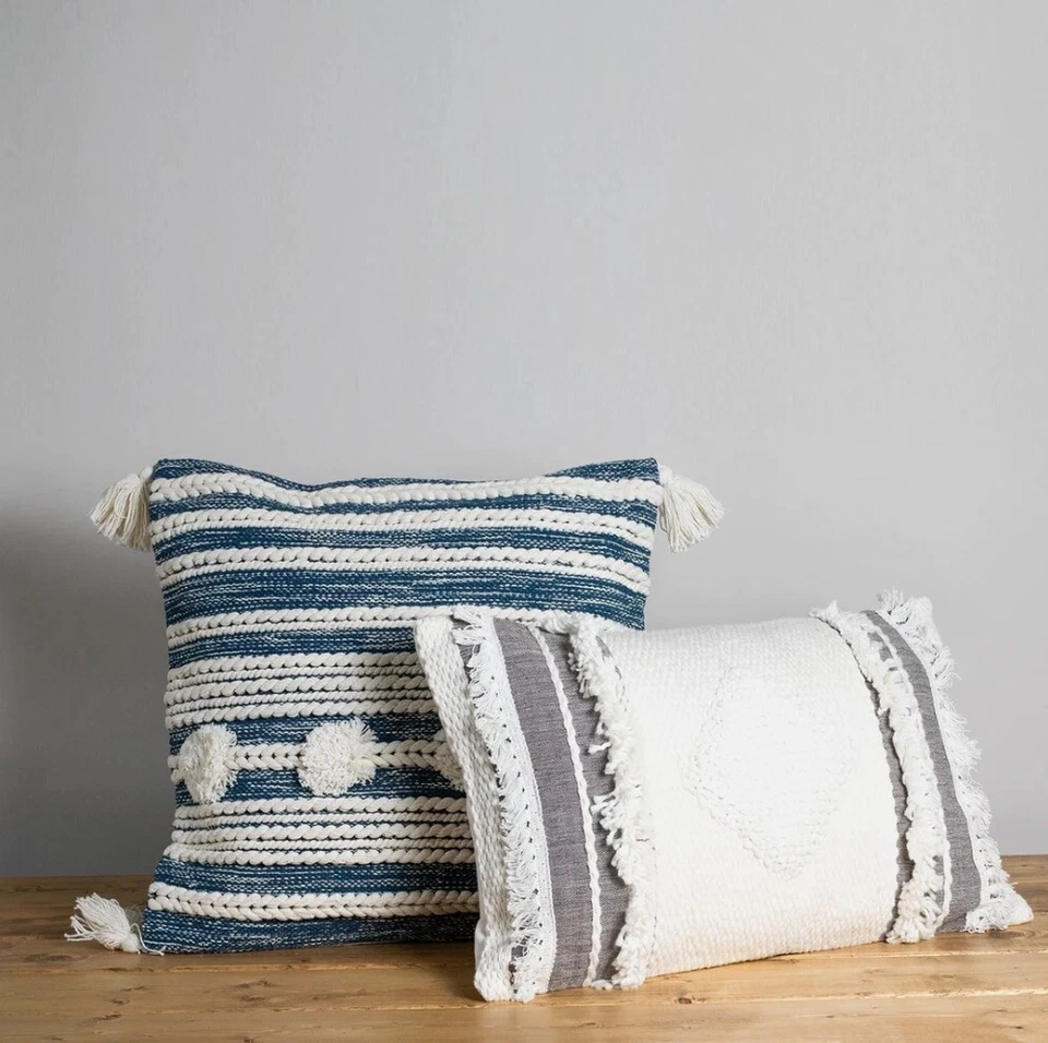 NEW! Set/2 Blue & White Accent Pillows w/Hand Tied Tassels Pom Poms & Fringe - Image 2 of 3