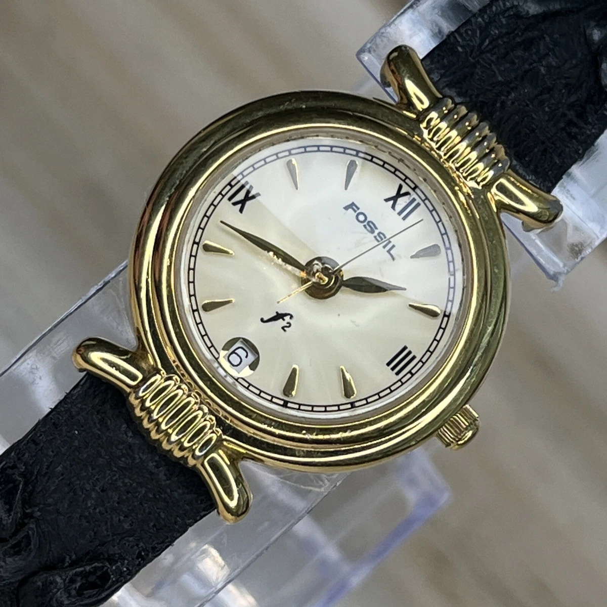 Fossil Watch Women Gold Tone Faceted Crystal Date Black Leather Band NEW BATTERY