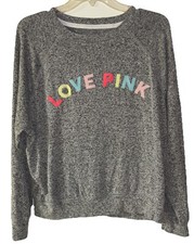 Victoria's Secret Love Logo Pink Gray Oversized Fleece Pullover Sweatshirt Sz S
