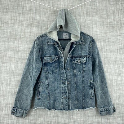 Love Tree Women's Size Small Hooded jean jacket raw hem zip