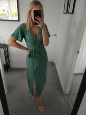 Green White Short Sleeve Polka Dot Wrap Summer Midi Wedding Guest Dress Size 12.