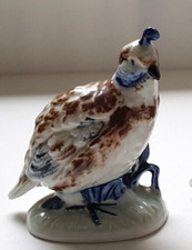 Quaglia in porcellana dipinta a mano blu marrone e nero lucido antico