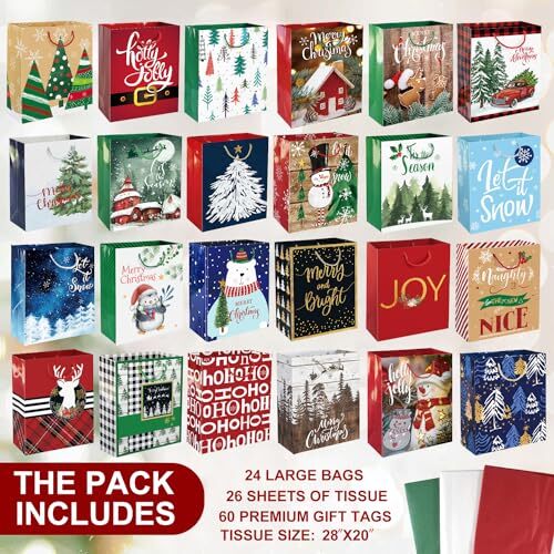 24 große Weihnachtsgeschenktüten Großpackung mit Griffen, 26 Seidenpapier und 60 Stück - Bild 5 von 6