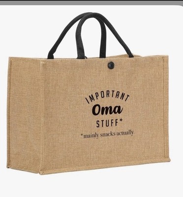 Amazon Jute Tote Bag Beige Black Foldable 'Important Oma Stuff' Text Pattern New