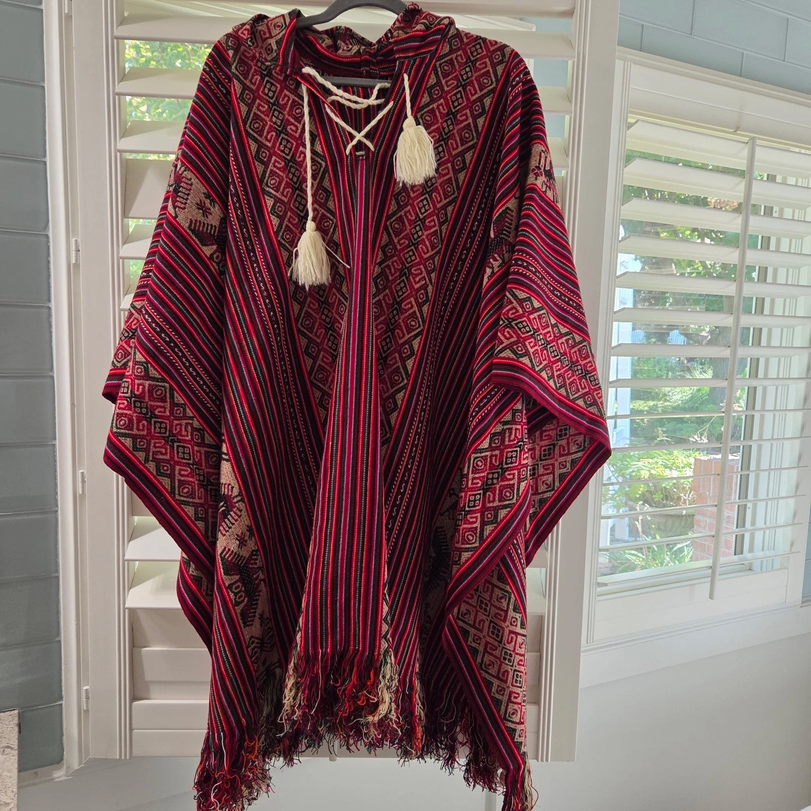 Hooded Poncho Festival Serape Aztec Southwest Geometric Blanket Boho Shawl