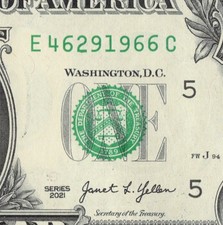 Year Note 1966 in the Serial Number Series 2021 $1 Dollar Bill E46291966C