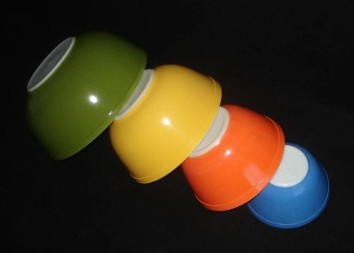 PYREX - 4 Blue, Orange, Yellow, Green REVERSE PRIMARY Mixing, Nesting Bowl Set