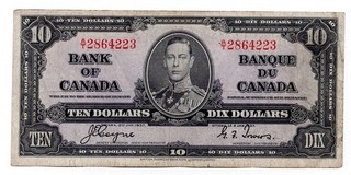 1937 CANADA 10 DOLLARS NOTE p61c VF