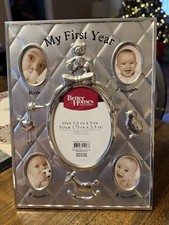 MY FIRST YEAR   Baby Photo Frame Holds 5 Pictures Silver tone Never Used.