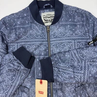 Levis Mens Bandana Paisley Bomber Jacket Blue Full Zip Men's Small NEW