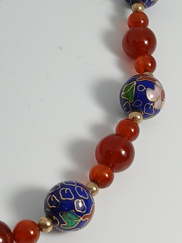 Chinese Export Blue Pink Cloisonne Enamel Flower Carnelian Necklace Gold Filled - Picture 8 of 10