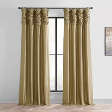 Flax Gold Ruched Vintage Textured Faux Dupioni Silk Room Darkening Curtain - 50