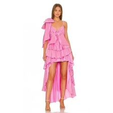 $795 LoveShackFancy Pink Raylene Tiered Pleated Bow High Low Maxi Dress 6
