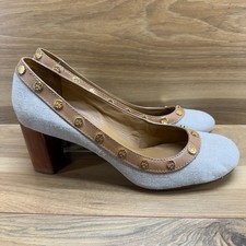 Tory Burch Beige Linen Pumps Womens 10 M Gold Logo Studs