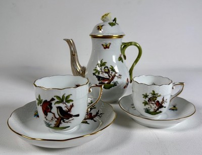 Herend Rothschild Bird Coffee Pot Lid & 2 Cup Saucer Set Hand Painted