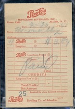1967  Pepsi Cola Bottling AHOSKIE NC Receipt WITH ADVERTISING