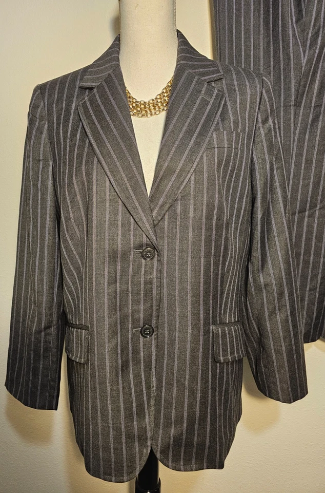346 Brooks Brothers Mujer Traje Blazer Pantalones Conjunto Talla 16 Gris Rayas Lana Corto Foto 2 de 4