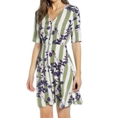 New Vero Moda Floral Stripe Button Up Short Sleeve Dress Green Navy Size Small