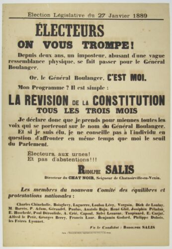 RODOLPHE SALIS Election Poster Broadside LE CHAT NOIR THE BLACK CAT Cabaret 1889 - Picture 1 of 1