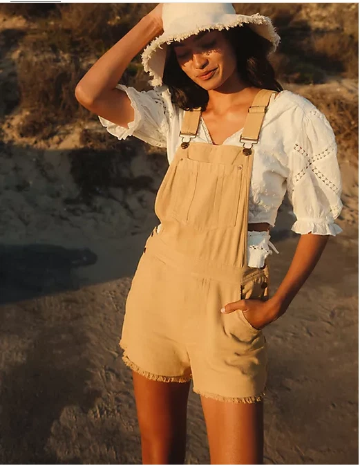 Anthropologie Pilcro 31 NWT The Wanderer Short Overalls Denim Jean Honey Tan