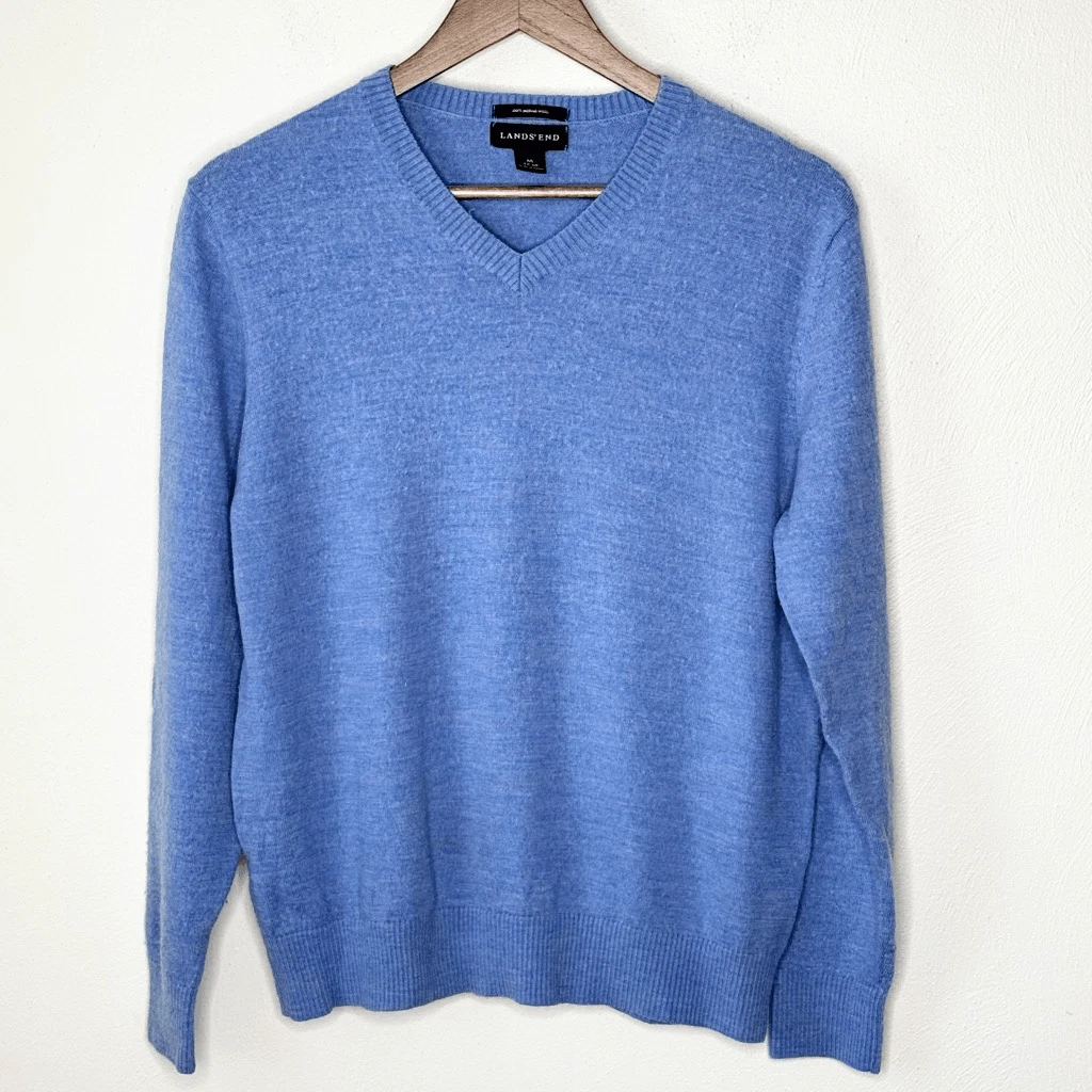 Lands’ End V-Neck Merino Wool Blue Sweater - Men’s US M