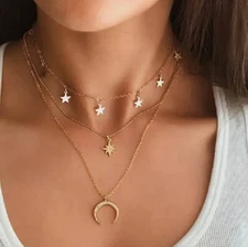 Multi-Layered Gold Celestial, Five-pointed Star, Crescent Moon 3 Layer Necklace