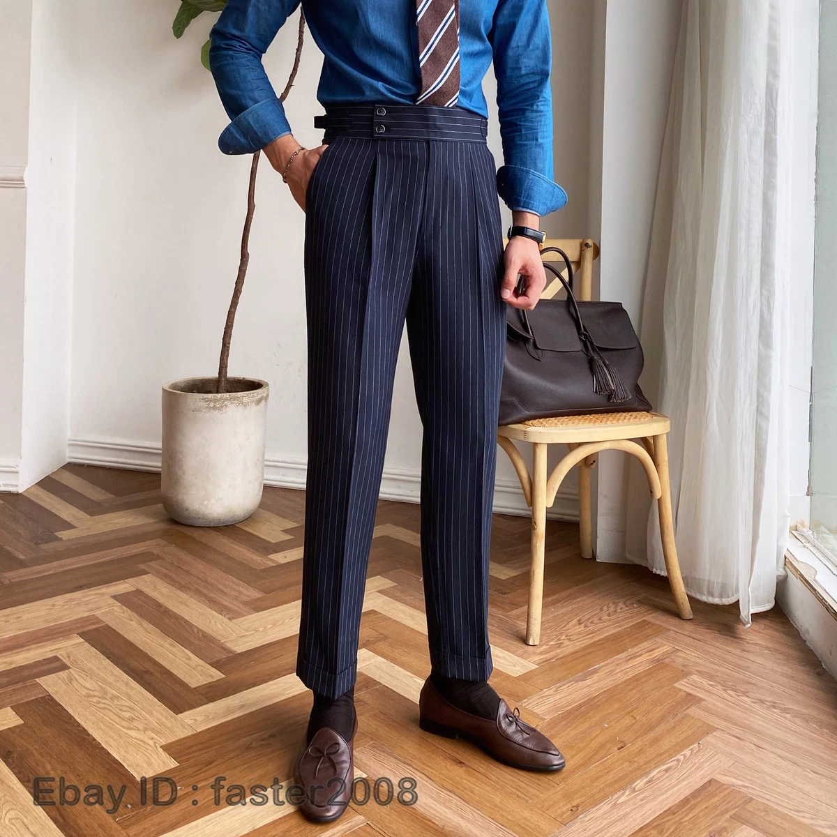 Blue striped pants men sale