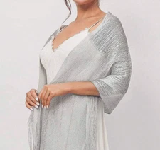 Silver Sheer Shimmer Scarf Chiffon Oblong Wrap Shawl Metallic Thread