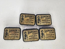 5 x Vintage Ramon's tabs Aspirin Caffeine 12 tablets pills pharmacy Tin 2 by 1.5