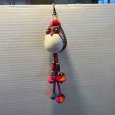 7" Owl Keychain/Charm Colorful Fabric Asian Animal with PomPoms