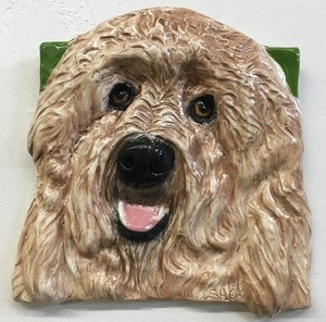 Goldendoodle Dog Portrait 3D Tile Ceramic handmade sculpture SondraAlexander Art
