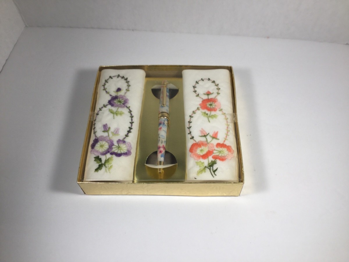 Vintage Montgomery Ward pen and embroidered handkerchief set