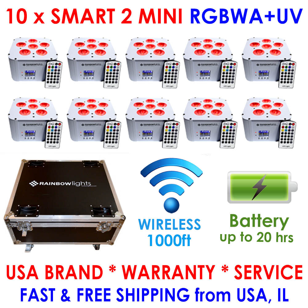 10 x LED Uplighting + CASE - 6x18W RGBWA+UV Battery Powered Par can DJ Uplights