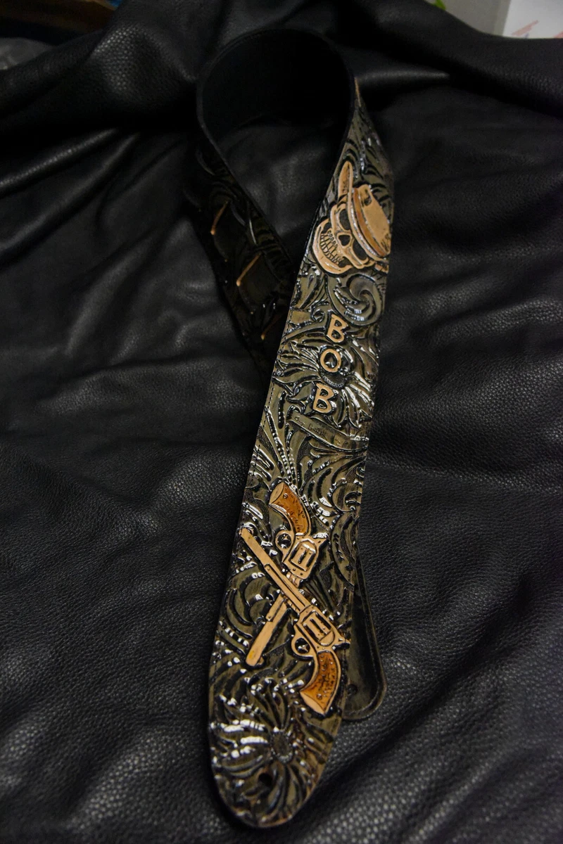 Leather guitar strap custom tooled hand made