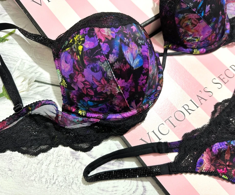 Victoria's Secret Brillo Correa Bombshell Push Up Sujetador Tanga Conjunto Moody Floral Foto 4 de 4